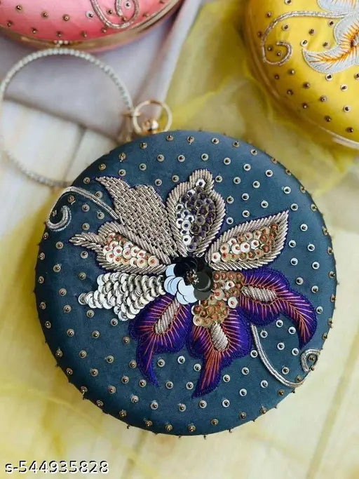 Embroidered Round Shape Clutches For Women/Girls