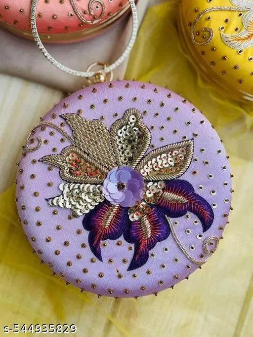 Embroidered Round Shape Clutches For Women/Girls