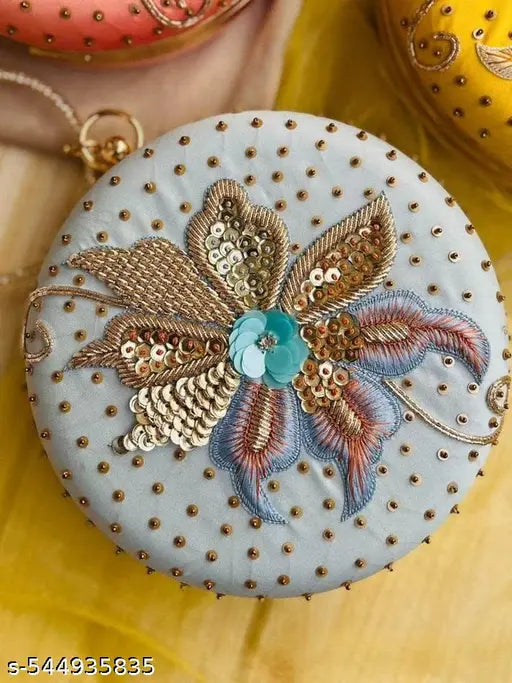 Embroidered Round Shape Clutches For Women/Girls